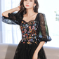 A-Line long sleeves Tulle Lace Black Long Prom Dress B249