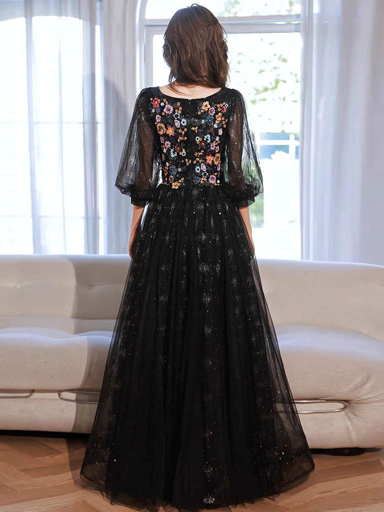 A-Line long sleeves Tulle Lace Black Long Prom Dress B249