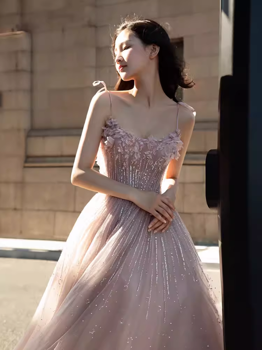 Robe de bal longue en tulle rose, sexy, bretelles trapèze, B416