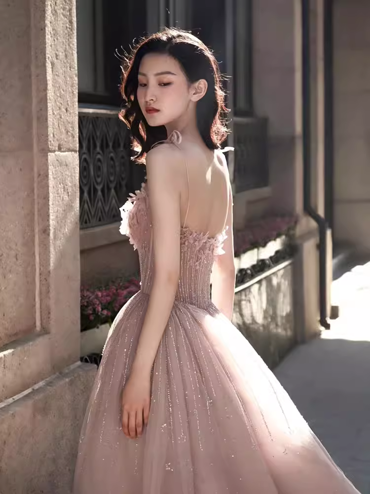 Sexy A line Straps Pink Tulle Long Prom Dress B416