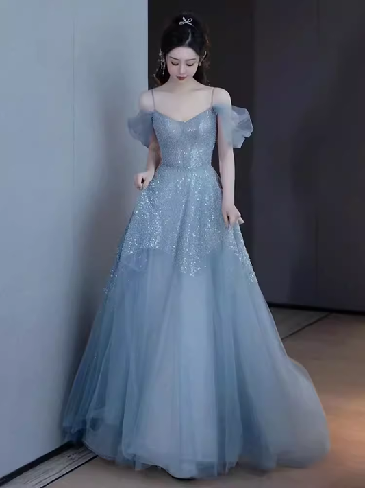 Robe de bal longue en tulle gris, sexy, bretelles trapèze, B417