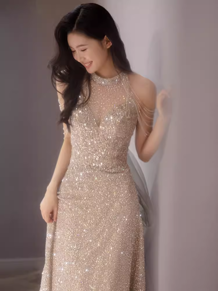 Robe de bal longue sirène sexy à paillettes champagne B418