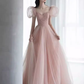 Elegant A line Puffy Sleeves Pink Tulle Long Prom Dress B419