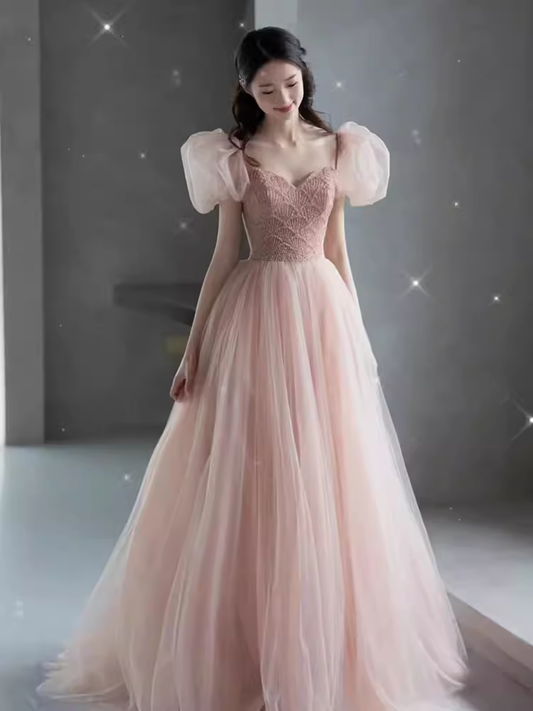 Robe de bal longue en tulle rose, élégante, ligne A, manches bouffantes, B419