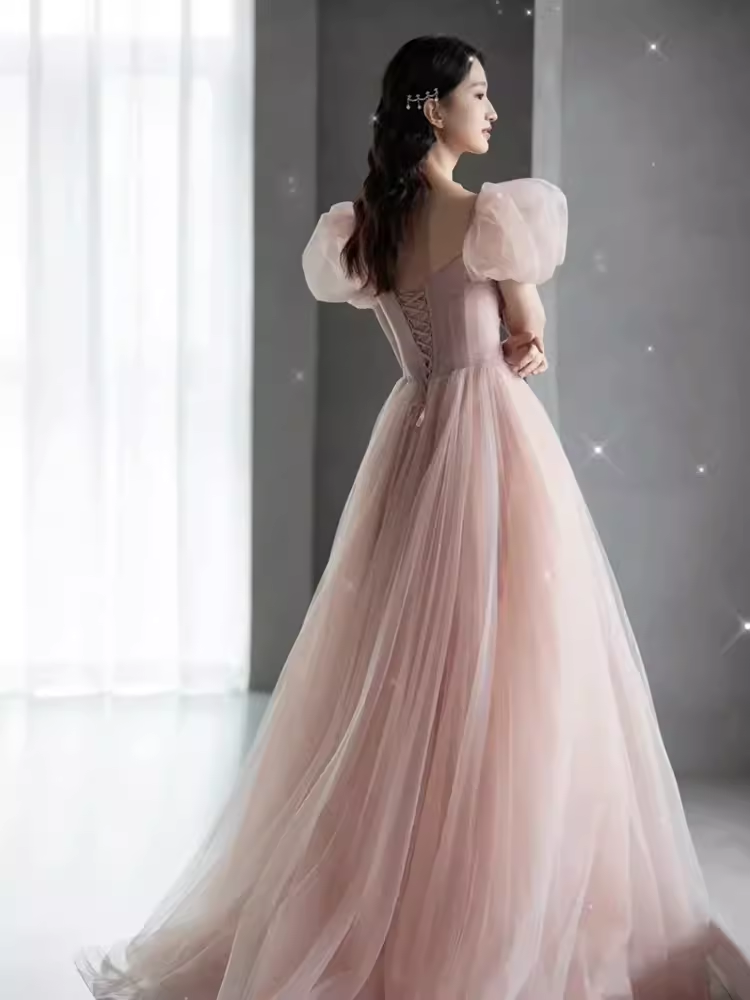 Elegant A line Puffy Sleeves Pink Tulle Long Prom Dress B419