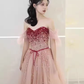 Elegant A line Puffy Sleeves Pink Tulle Long Prom Dress B420