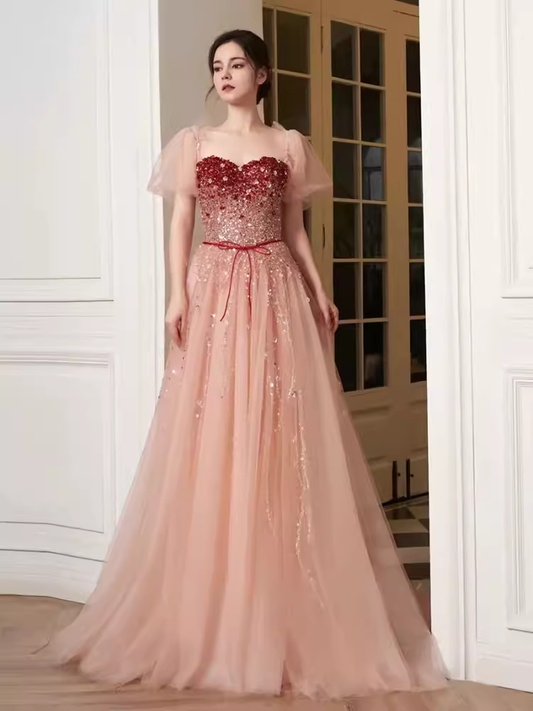 Robe de bal longue en tulle rose, élégante, ligne A, manches bouffantes, B420