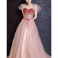 Elegant A line Puffy Sleeves Pink Tulle Long Prom Dress B420