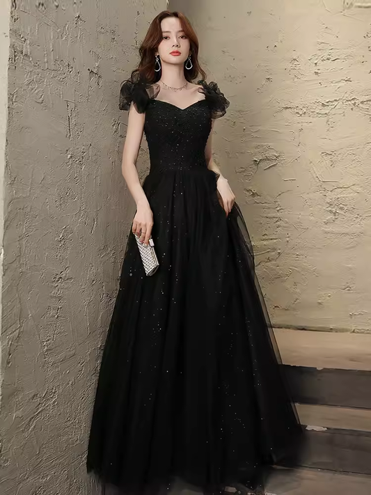 Robe de bal longue en tulle noir, élégante, ligne A, manches bouffantes, B421