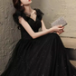 Elegant A line Puffy Sleeves Black Tulle Long Prom Dress B421