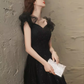 Elegant A line Puffy Sleeves Black Tulle Long Prom Dress B421