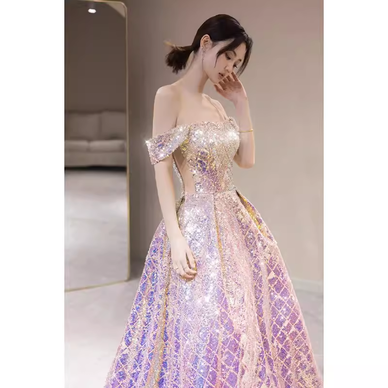 Robe de bal longue élégante, ligne A, sans bretelles, paillettes lilas, B423