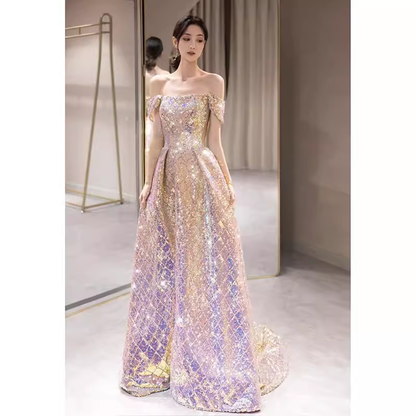 Robe de bal longue élégante, ligne A, sans bretelles, paillettes lilas, B423