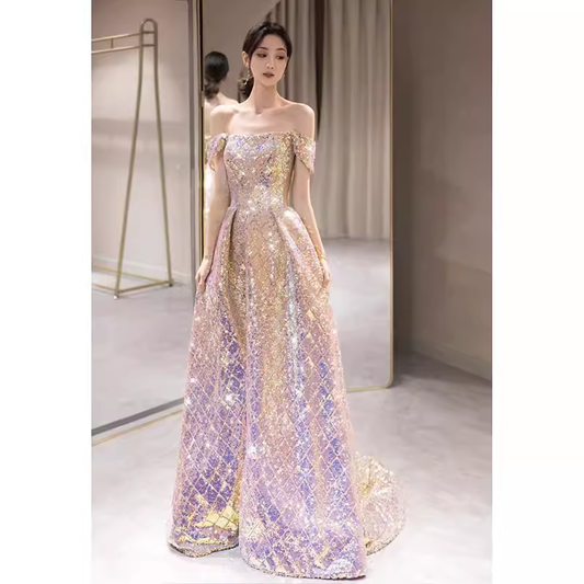 Robe de bal longue élégante, ligne A, sans bretelles, paillettes lilas, B423