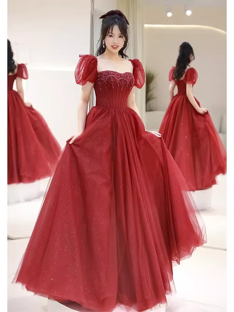 Elegant A line Puffy Sleeves Burgundy  Long Prom Dress B424