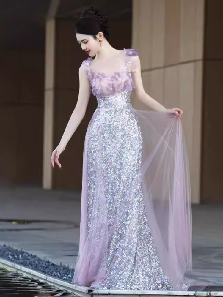 Robe de bal longue ligne A élégante, manches courtes, lilas, B427