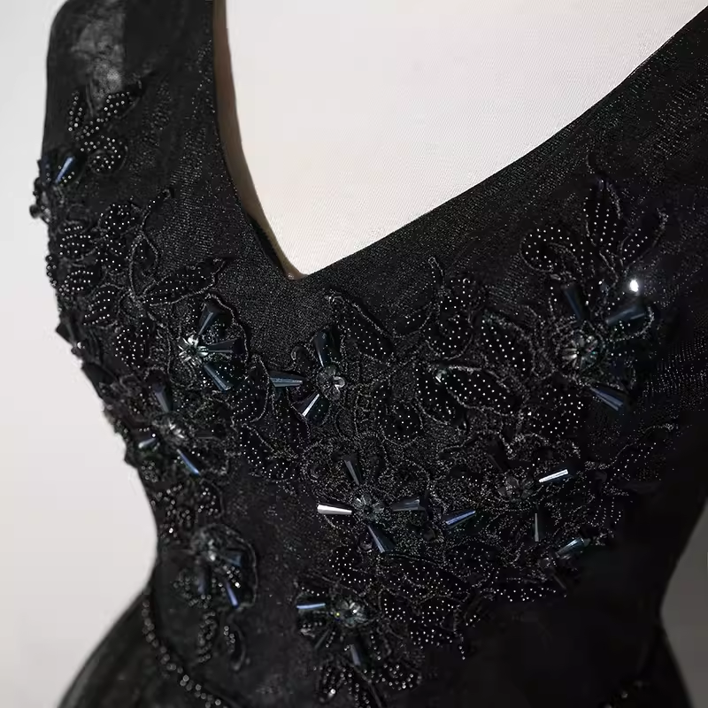 Robe de bal longue noire en Tulle, élégante, ligne A, décolleté en V, B429