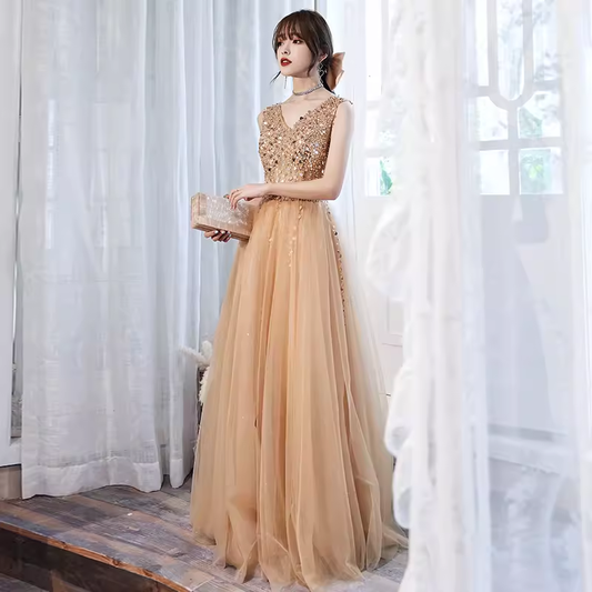 Robe de bal longue en Tulle élégante ligne A, décolleté en V, Champagne, B430