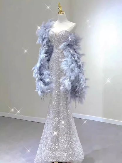 Robe de bal longue sirène élégante sans bretelles à paillettes B431