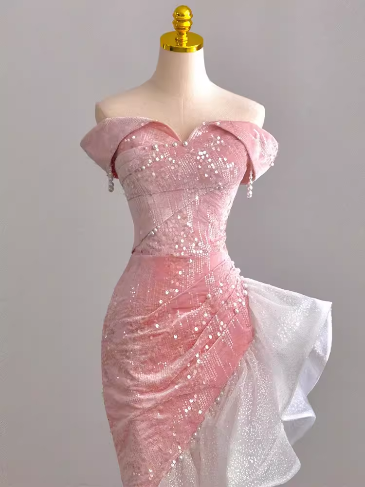 Robe de bal élégante en velours rose à paillettes, haut et bas, sans bretelles, B436