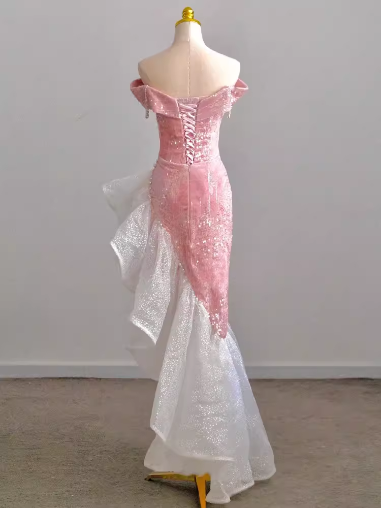 Robe de bal élégante en velours rose à paillettes, haut et bas, sans bretelles, B436