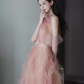 Belle robe de bal longue en tulle rose ligne A B653