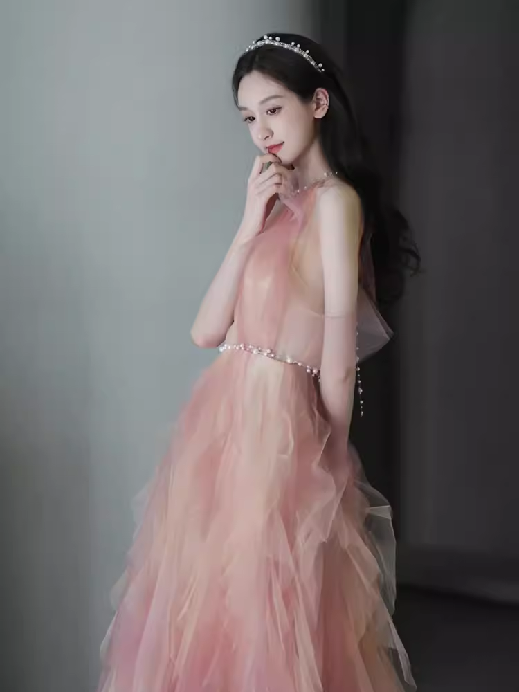 Belle robe de bal longue en tulle rose ligne A B653