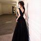 Lovely A line V Neckline Black Tulle Long Prom Dress B658