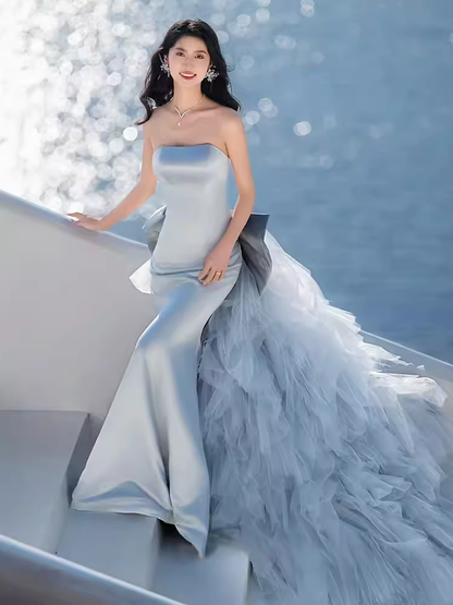 Robe de bal longue en satin bleu sexy sans bretelles sirène B660