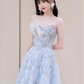 Sexy A line Strapless Blue Lace Long Prom Dress B661