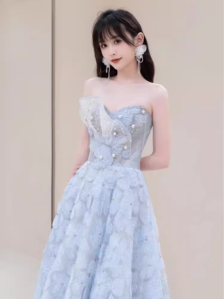 Robe de bal longue en dentelle bleue, ligne A, sexy, sans bretelles, B661