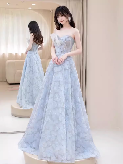 Robe de bal longue en dentelle bleue, ligne A, sexy, sans bretelles, B661