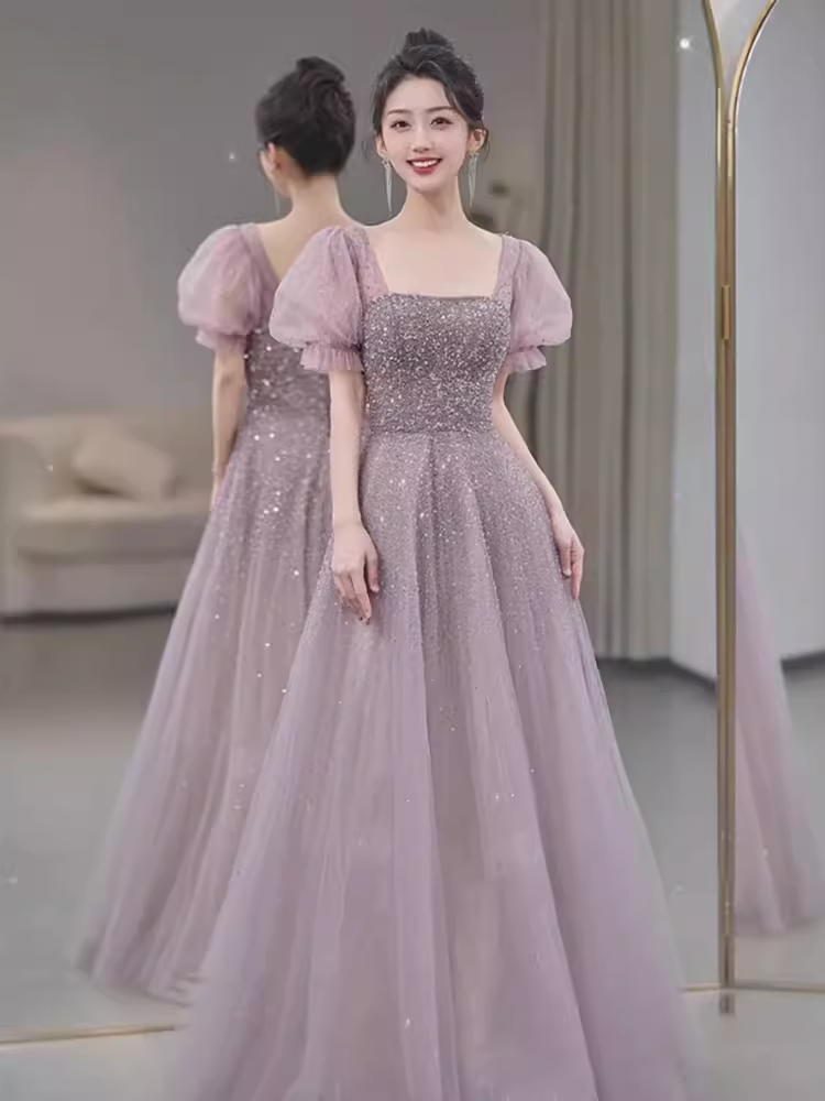 Une ligne encolure carrée manches bouffantes robe de bal longue en tulle B663