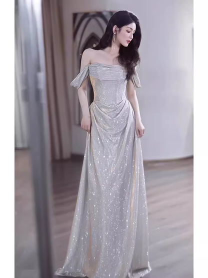 Robe de bal longue sirène à épaules dénudées et paillettes B664