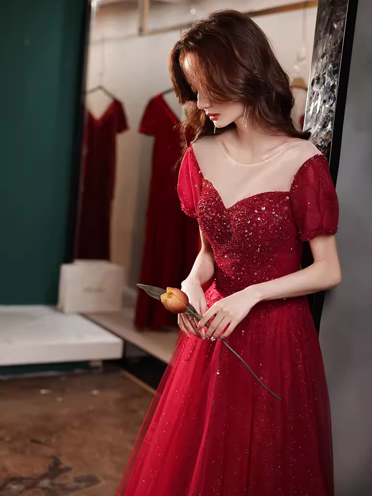 Robe de bal longue à paillettes bordeaux simple ligne A B666