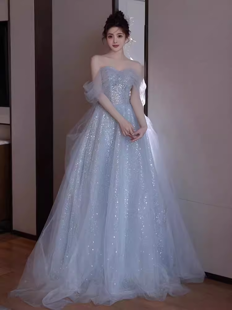 Robe de bal longue en tulle, ligne A, épaules dénudées, simple, B667