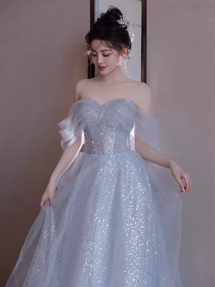 Robe de bal longue en tulle, ligne A, épaules dénudées, simple, B667