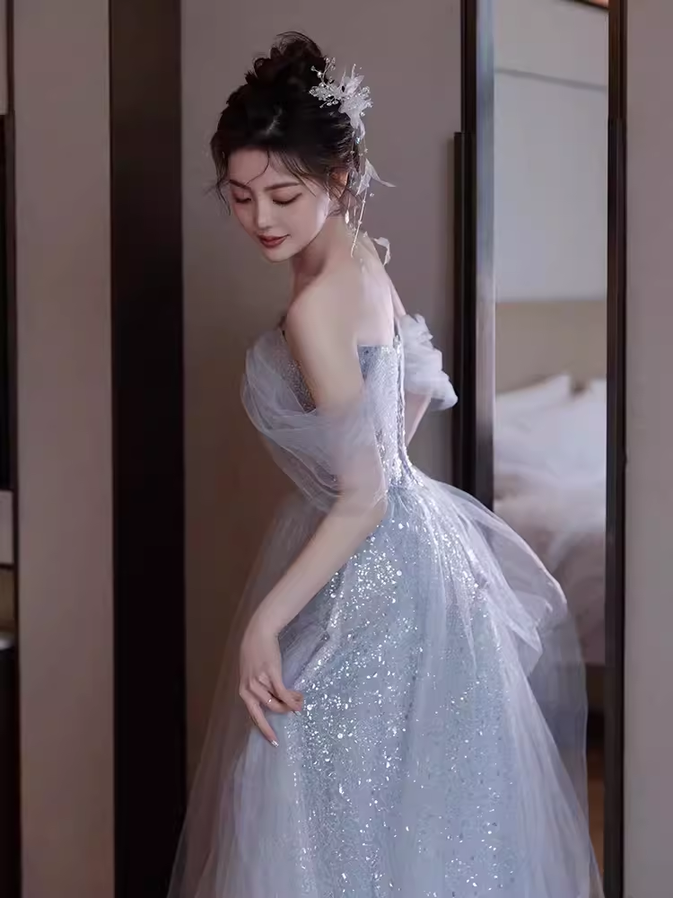 Robe de bal longue en tulle, ligne A, épaules dénudées, simple, B667