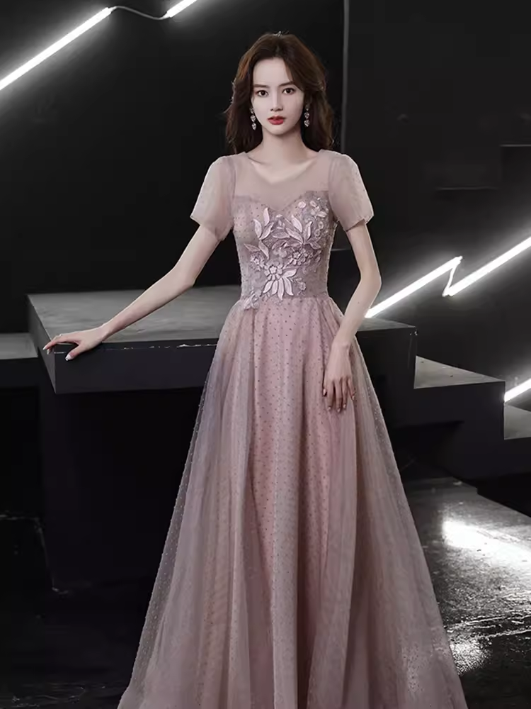 Robe de bal longue rose simple, ligne A, manches courtes, B669