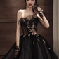 Simple A line Strapless Black Tulle Lace Long Prom Dress B670