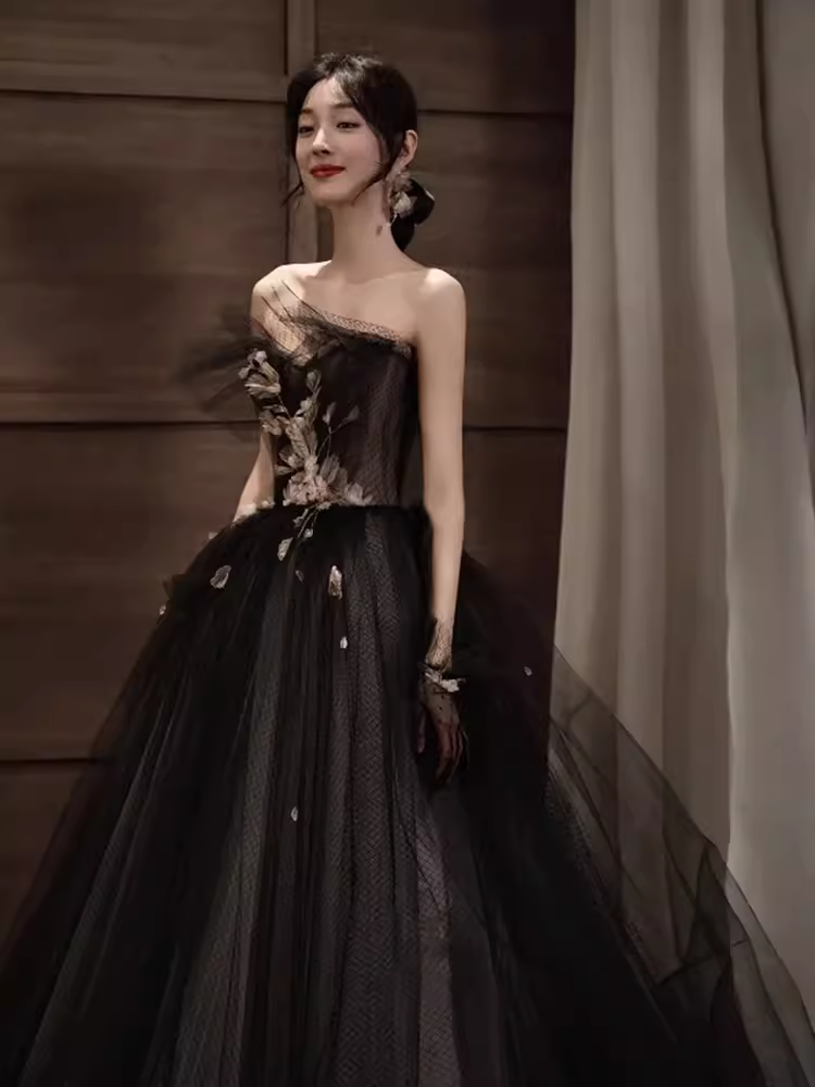 Robe de bal longue en dentelle et Tulle noir, ligne A, Simple, sans bretelles, B670