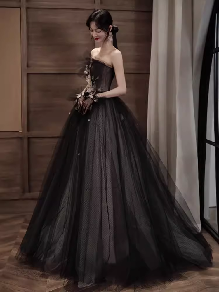 Robe de bal longue en dentelle et Tulle noir, ligne A, Simple, sans bretelles, B670