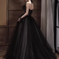 Simple A line Strapless Black Tulle Lace Long Prom Dress B670