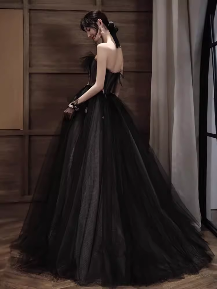 Robe de bal longue en dentelle et Tulle noir, ligne A, Simple, sans bretelles, B670