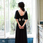 Vintage A line V Neckline Black Long Prom Dress B672