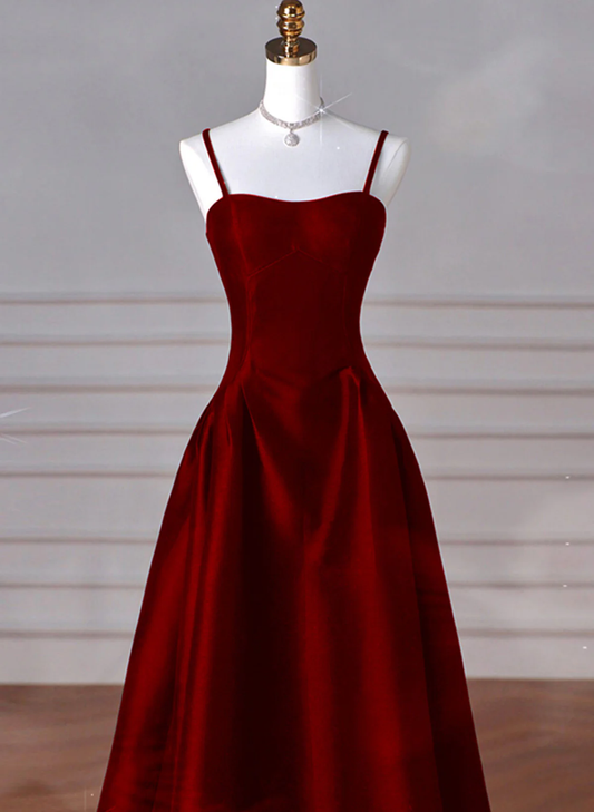 Sexy Wine Red A-Line Straps Satin Long Burgundy Prom Dresses D087