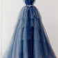 Elegant Ball Gown Straps Long Tulle Blue Prom Dress B492