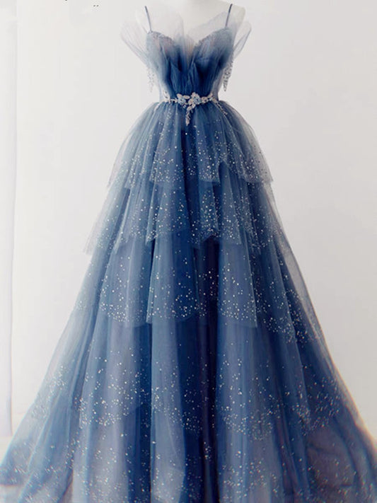 Elegant Ball Gown Straps Long Tulle Blue Prom Dress B492