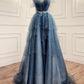 Elegant Ball Gown Straps Long Tulle Blue Prom Dress B492