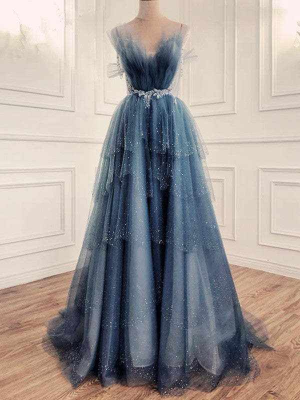 Elegant Ball Gown Straps Long Tulle Blue Prom Dress B492